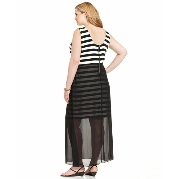 New! VINCE CAMUTO Chiffon Overlay Striped Plus Size Maxi Dress Black White - Picture 3 of 7